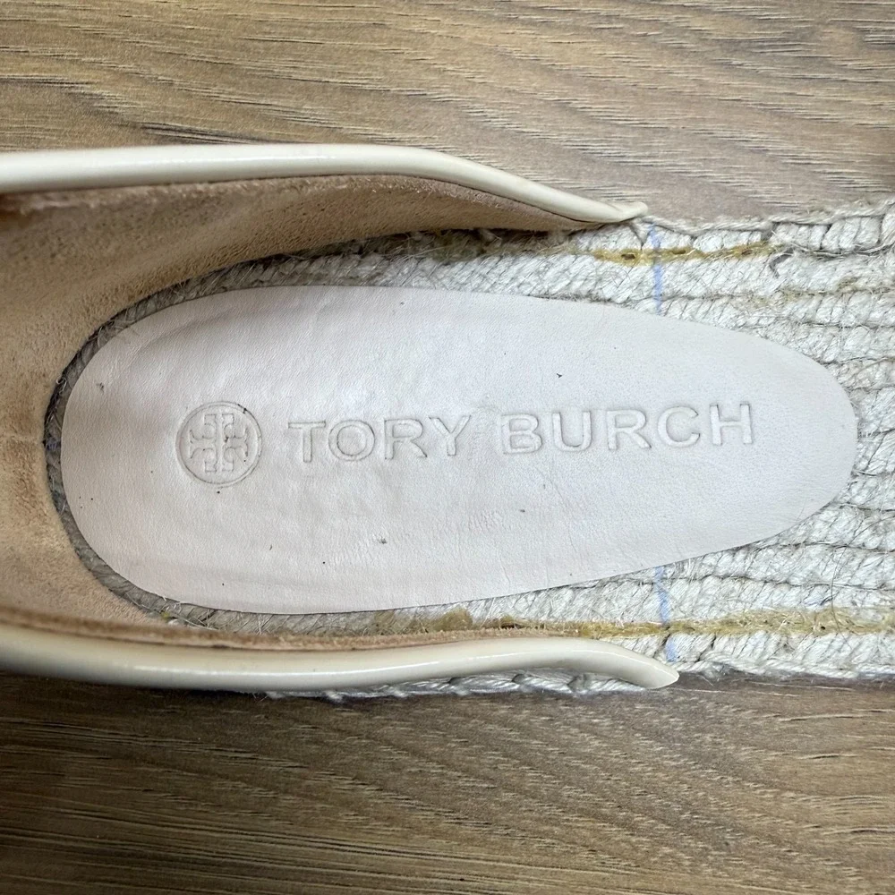 Tory Burch Eleanor Espadrille Flats 10 Cream Gold Logo Ankle Strap Resort Travel